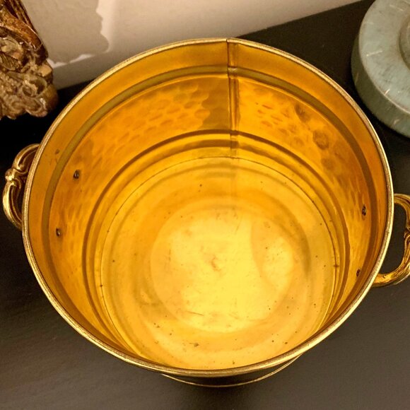Decorative Hammered Brass ~ 5" Tall Plant Holder Bucket with Butler Handles - Picture 3 of 4